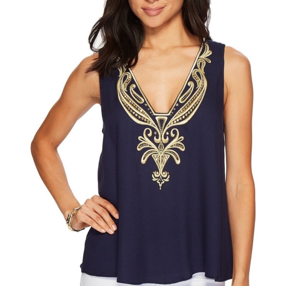 Navy blue lilly pulitzer tank with gorgeous gold detail. Size small.